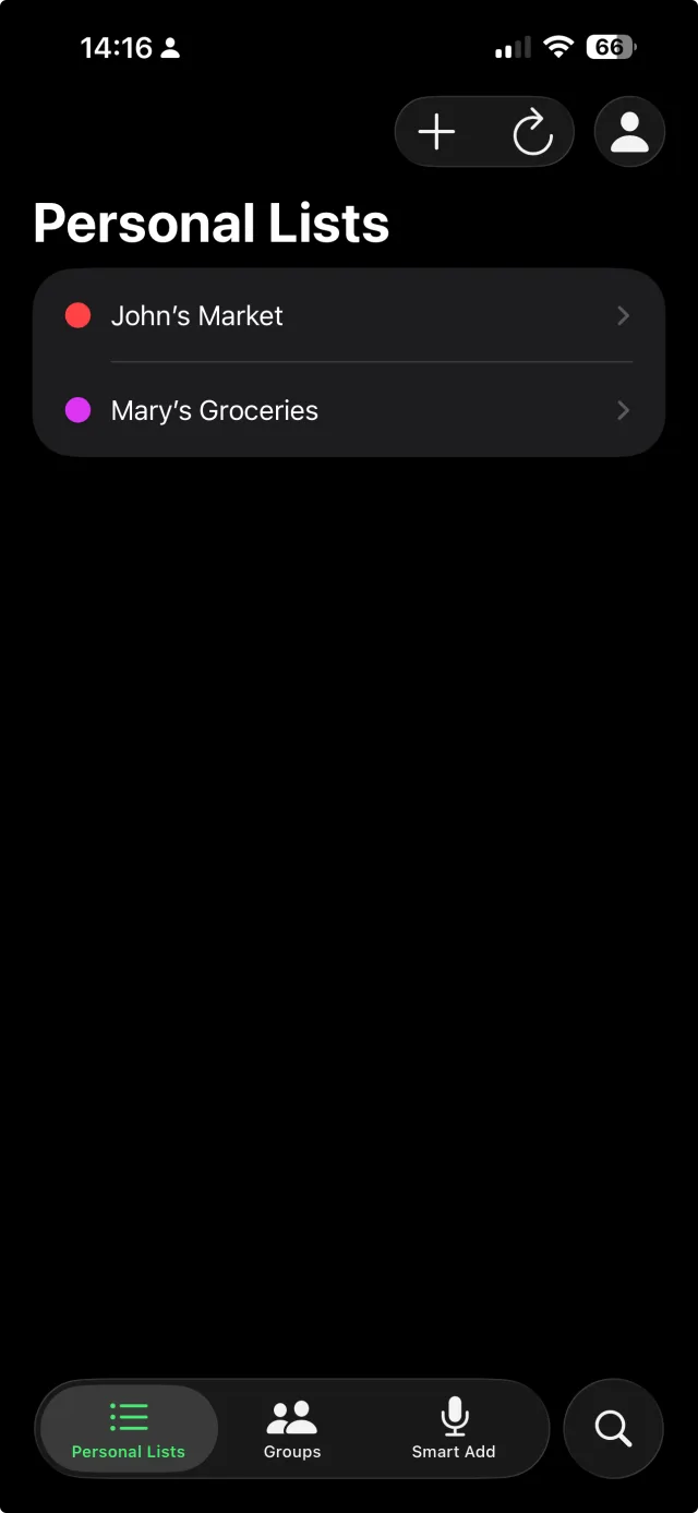 Just Groceries on iPhone, showing two personal grocery lists